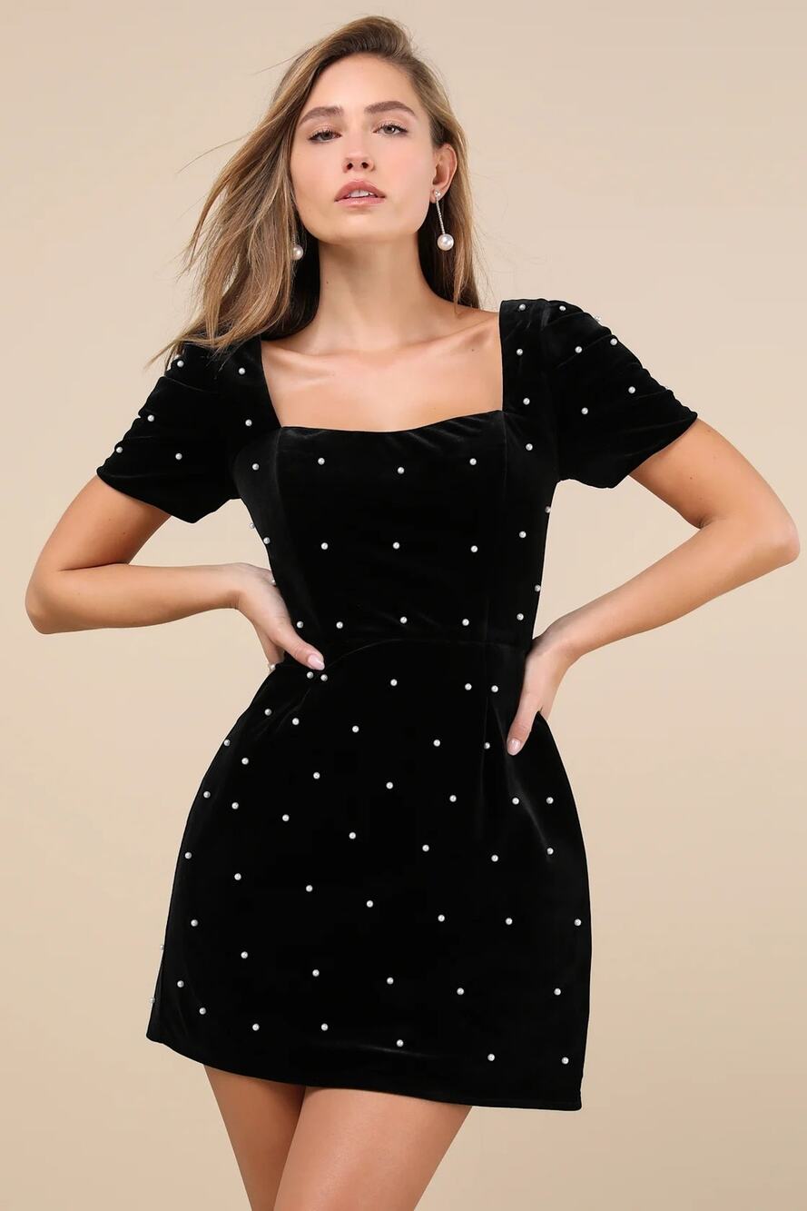 Lulus Luxe Possibilities Black Velvet Pearl Mini Dress Sz XL NWT Reg $98